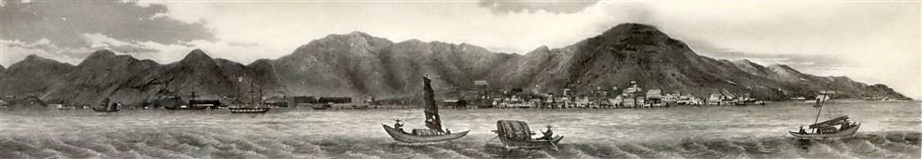 Hong Kong views, three engravings after Lieut. L.G.Heath of HMS Iris largest plate mark 24.5 x 78.5cm(two unframed)